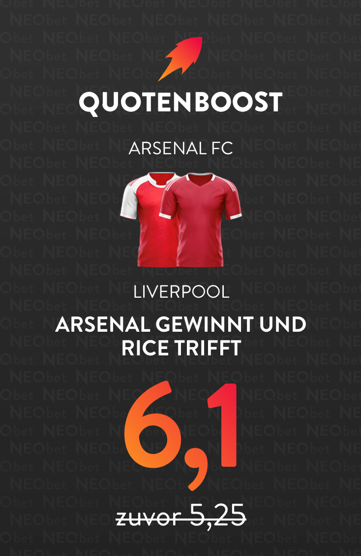 Arsenal vs. Liverpool â Quotenboost bei NEO.betDer 21. Spieltag der Premier League hebt sich sein Highlight bis zum Schluss auf. Denn erst nach den Ã¼brigen neun Begegnungen treffen am Donnerstag, 8. Januar (AnstoÃ: 21 Uhr) der FC Arsenal und der FC Liverpool zum Duell des aktuellen Spitzenreiters mit dem Titelverteidiger aufeinander. Die Begegnung zweier MeisterschaftsanwÃ¤rter ist es indes nicht, liegt Liverpool als Vierter doch schon stattliche 14 Punkte hinter Arsenal zurÃ¼ck. WÃ¤hrend bei den Reds nach einer zuvor positiveren Entwicklung in Folge der jÃ¼ngsten beiden Unentschieden gegen Leeds United (0:0) und beim FC Fulham (2:2) wieder GerÃ¼chte um eine zeitnahe Trennung von Trainer Arne Slot die Runde machen, ist bei Arsenal der Traum von der ersten Meisterschaft seit 2004 mehr als realistisch. SchlieÃlich liegen die Gunners schon sechs ZÃ¤hler vor dem ersten Verfolger Manchester City, der wahrlich auch nicht mit Konstanz glÃ¤nzt. Als einziges Spiel der Premier League am Donnerstag steht die Partie Arsenal gegen Liverpool natÃ¼rlich besonders im Fokus. Wer fÃ¼r Arsenal vs Liverpool erhÃ¶hte Quoten sucht, dÃ¼rfte dementsprechend bei einigen Buchmachern fÃ¼ndig werden. Einen ersten Arsenal vs Liverpool Quotenboost hat NEO.bet im Programm. NEO.bet Quotenboost fÃ¼r Wetten auf Arsenal und TorschÃ¼tze Rice NEO.bet wartet fÃ¼r alle Kunden mit einem interessanten Arsenal vs Liverpool Quotenboost auf, der letztlich eine Kombi-Wette umfasst. Anstatt mit der normalen Quote 5,25 kann im Zuge des Boosts mit der erhÃ¶hten Quote 6,10 auf einen Sieg des FC Arsenal und zugleich (mindestens) einen Treffer von Declan Rice getippt werden. Nachdem Arsenal die letzten sieben Pflichtspiele allesamt gewonnen hat und Rice beim jÃ¼ngsten 3:2-Erfolg am 3. Januar beim AFC Bournemouth ein Doppelpack gelungen ist, scheint diese Wette einen kleinen Einsatz in jedem Fall wert. Arsenal â Liverpool Quotenvergleich Arsenal vs. Liverpool